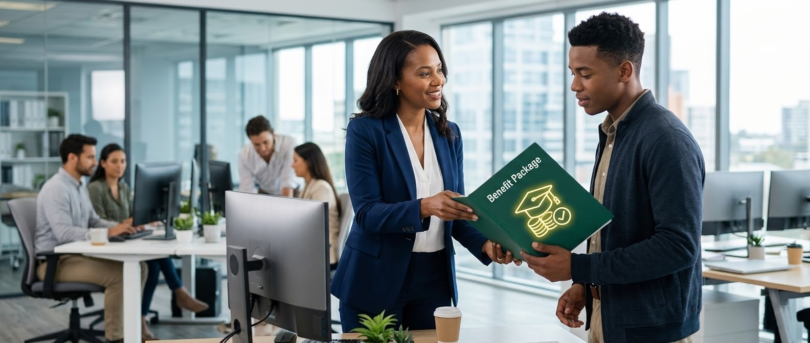 Employer-sponsored student loan forgiveness benefits in a modern office.