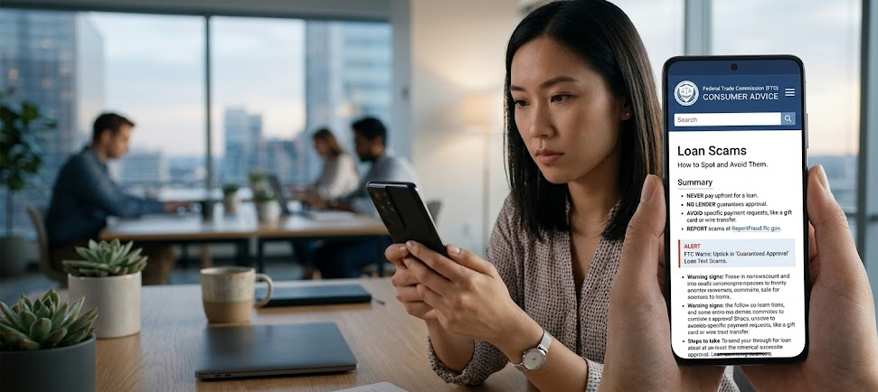 A borrower verifying a lender's legitimacy on the FTC website.