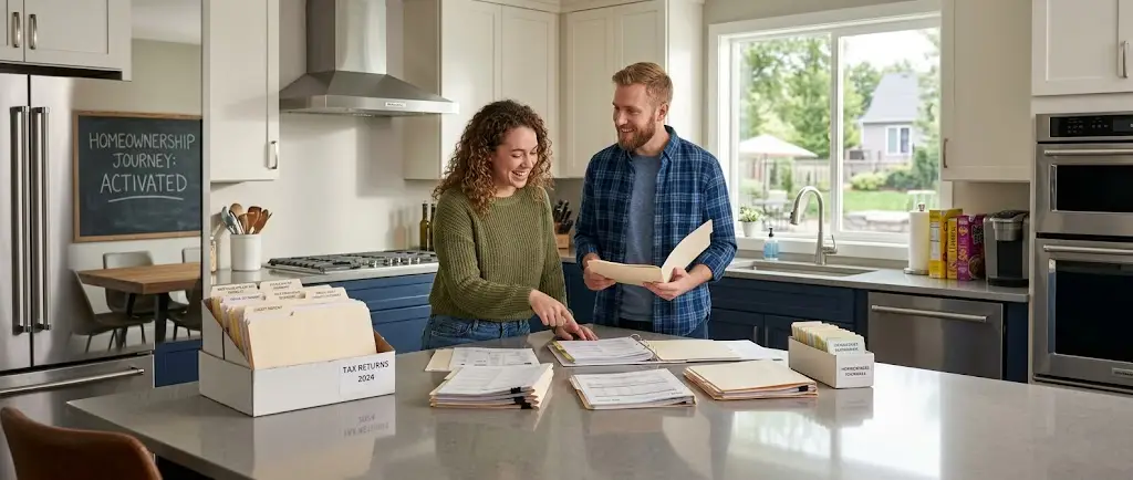 A U.S. couple organizing tax forms and pay stubs to qualify for a home loan.