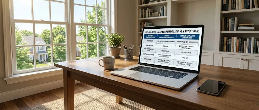 Comparing minimum mortgage loan requirements on a laptop in a U.S. home office.
