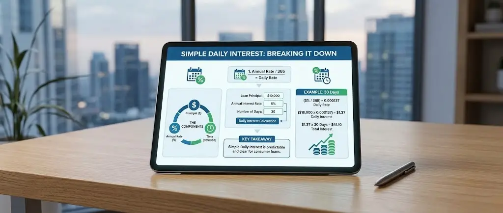 An infographic illustrating how personal loan interest rates work using simple daily math.