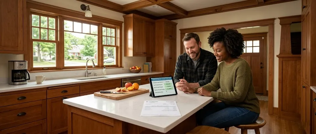 A U.S. couple calculating their monthly interest charge on a tablet.