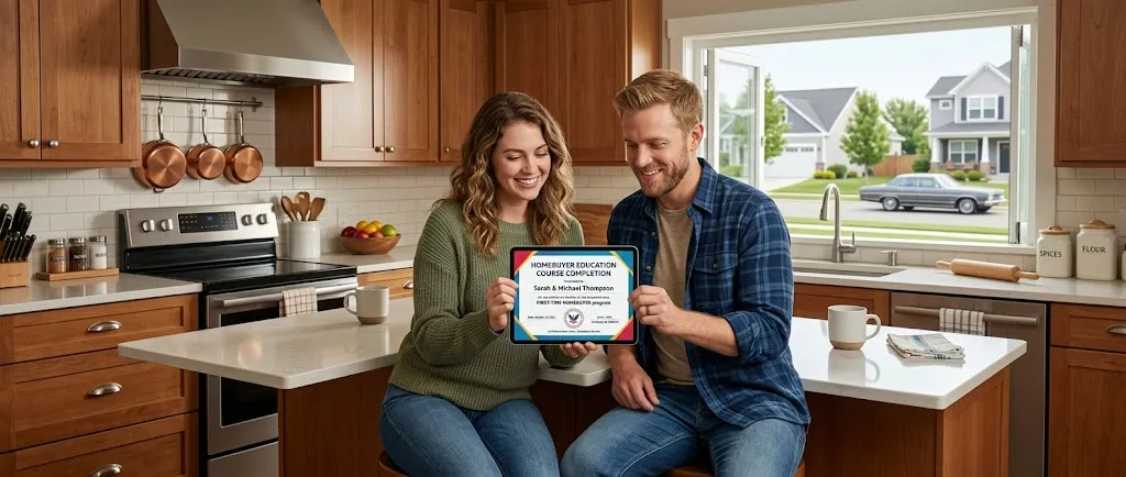 A U.S. couple celebrating the completion of their mandatory online homebuyer education course.