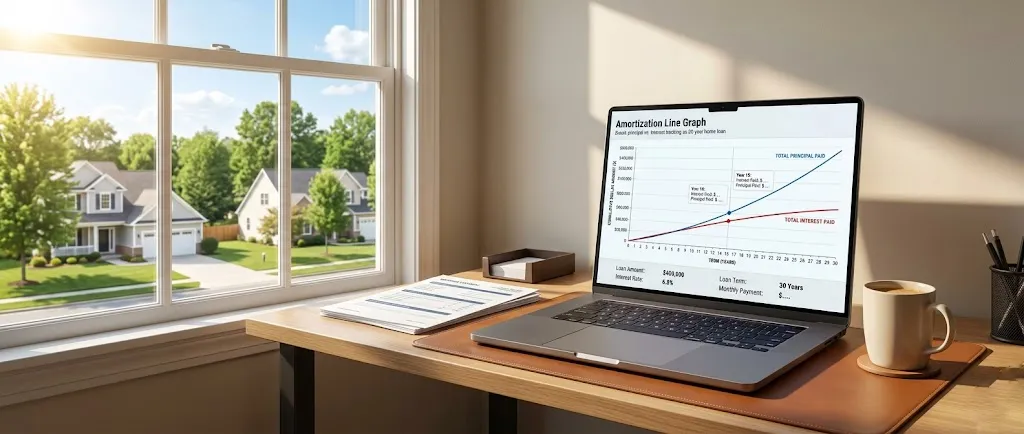 Reviewing a home loan amortization graph on a laptop to see how mortgage interest rates work.