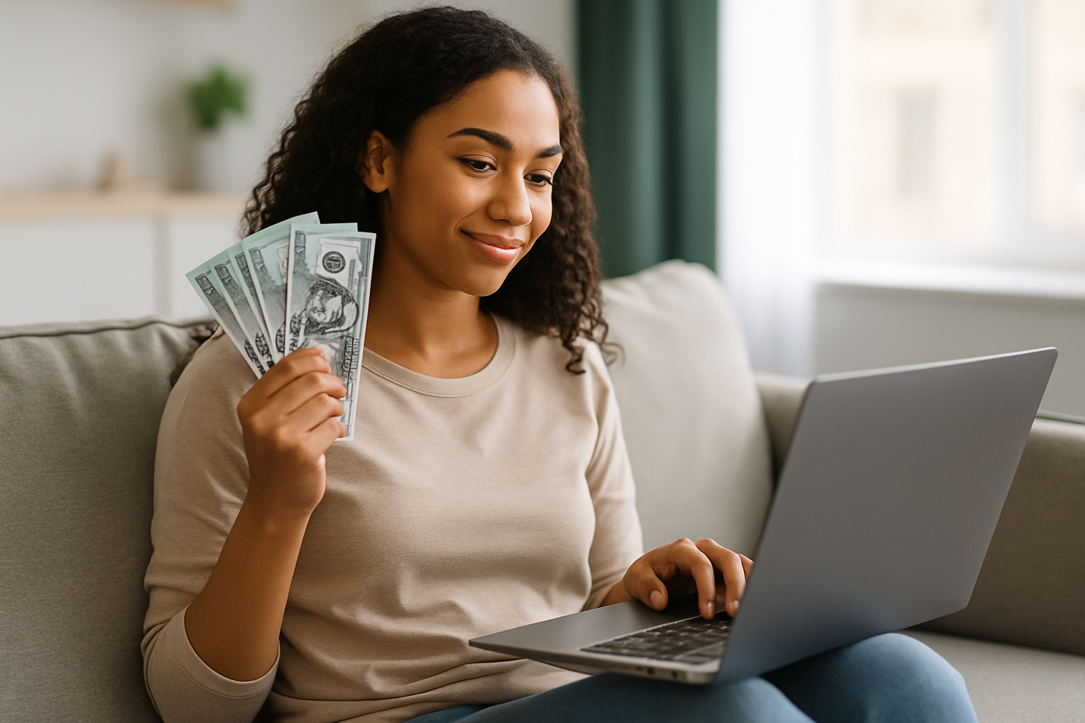 A laptop and dollar sign representing personal loans online.
